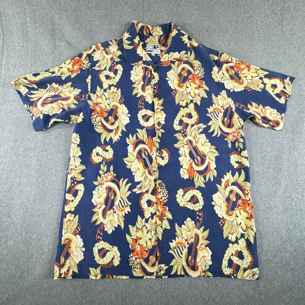 Vintage Good Vibes Hawaiian Shirt Mens L Blue Button Up Guitar Short Sleeve